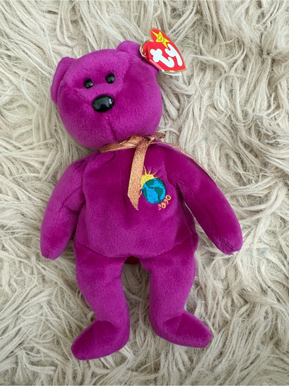 Ty Plush Bear - Magenta with Gold Ribbon